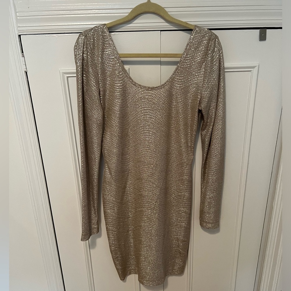 BCBGeneration Boatneck Long Sleeves Gold Metallic Dress
